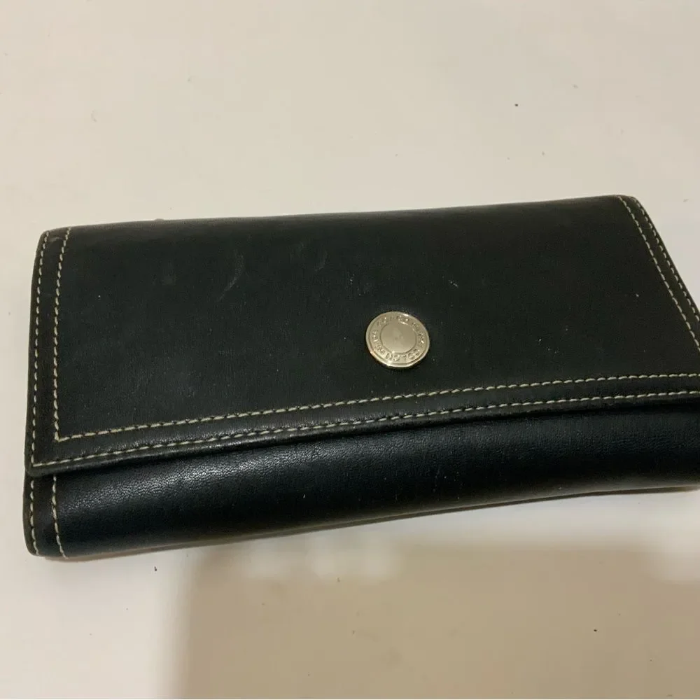 COACH Black Leather Trifold Wallet Clutch Button Snap 4”x8”